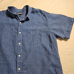 Lands' End Men's L (16-16.5) Blue Linen Shirt Short Sleeve Traditional Fit